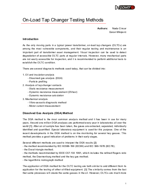 (PDF) On-Load Tap Changer Testing Methods