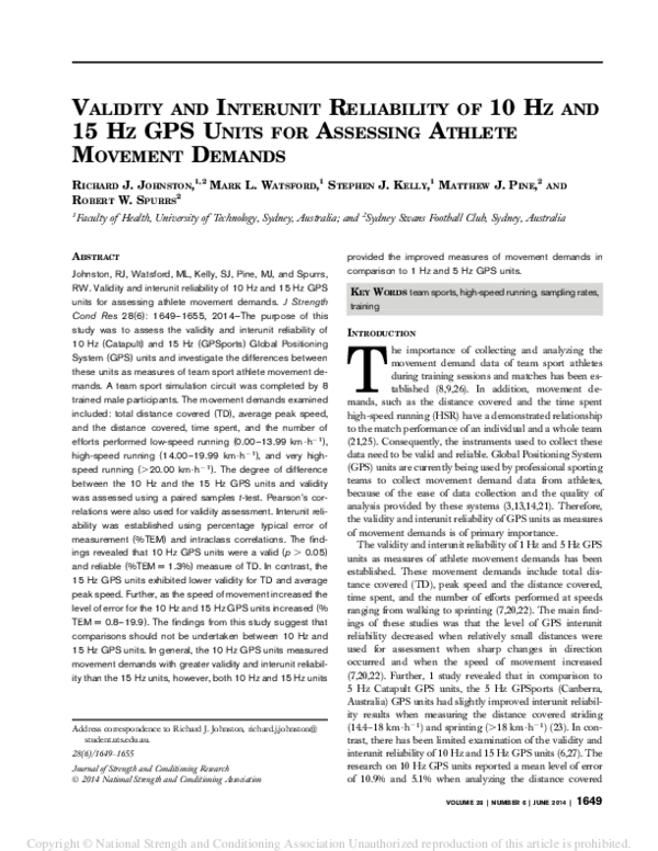(PDF) The Validity and reliability of 10 Hz and 15 Hz GPS units for ...