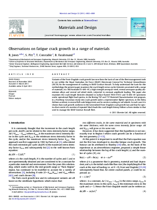 (PDF) Observations on fatigue crack growth in a range of materials