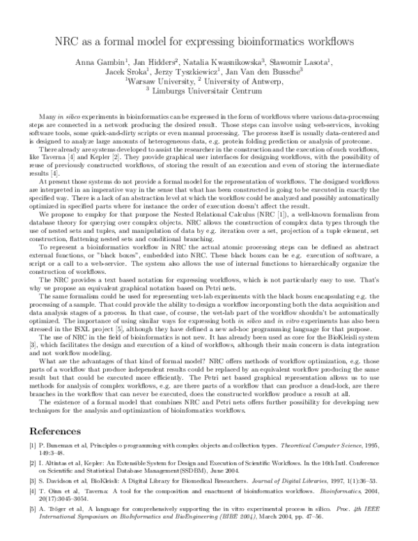 (PDF) NRC as a formal model for expressing bioinformatics workflows