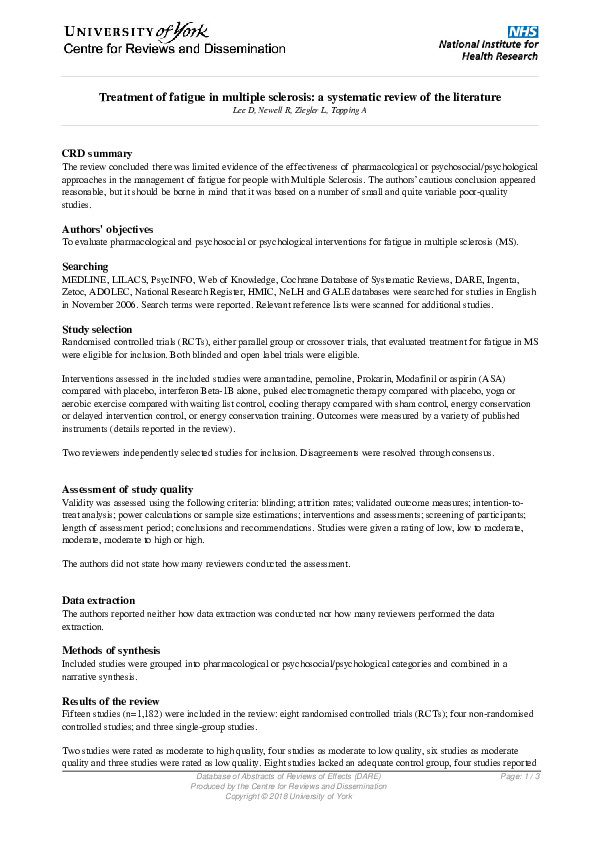 (PDF) Treatment of fatigue in multiple sclerosis: a systematic review ...