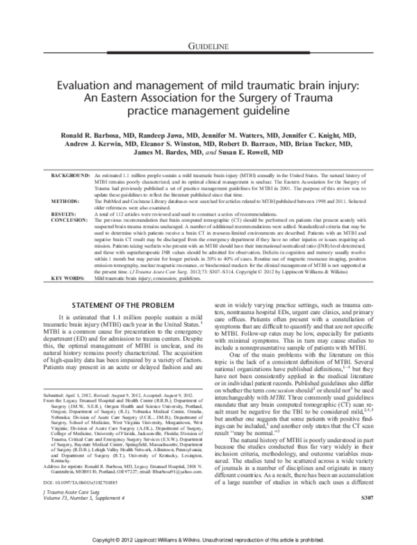 (PDF) Evaluation and management of mild traumatic brain injury