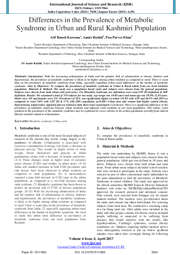 (PDF) Differences in the Prevalence of Metabolic Syndrome in Urban and ...