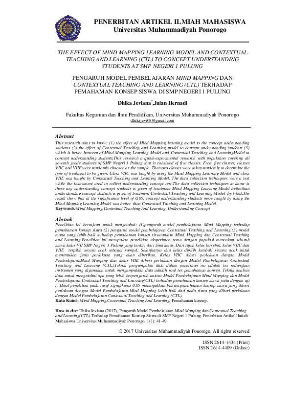 (PDF) The Effect of Mind Mapping Learning Model and Contextual Teaching ...