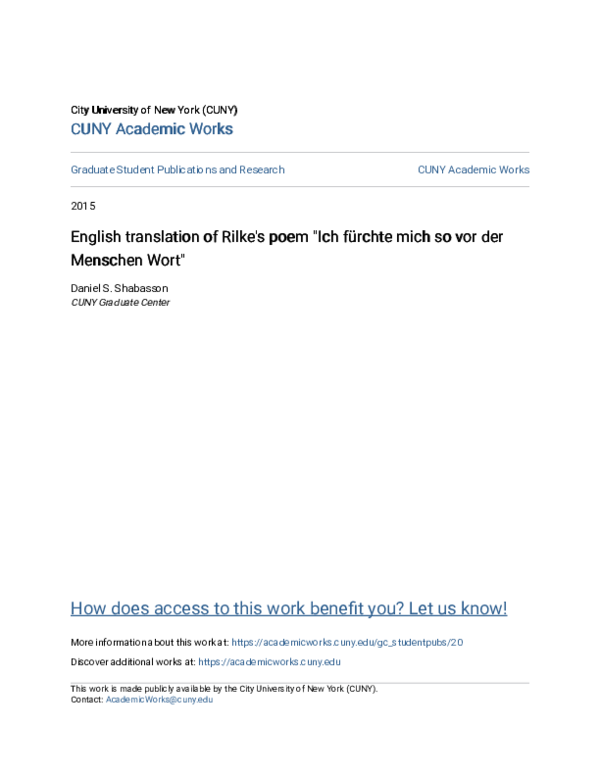 Ich Fürchte Mich So Vor Der Menschen Wort (PDF) English translation of Rilke's poem "Ich fürchte mich so vor der