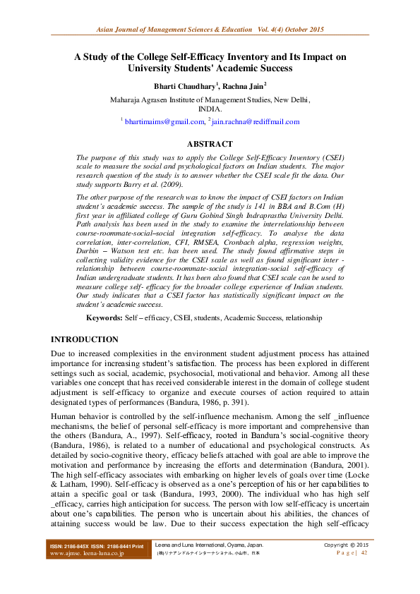 (PDF) A Study of the College Self-Efficacy Inventory and Its Impact on ...