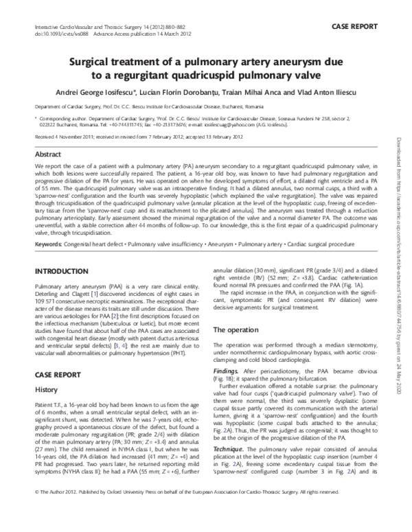 (PDF) Surgical treatment of a pulmonary artery aneurysm