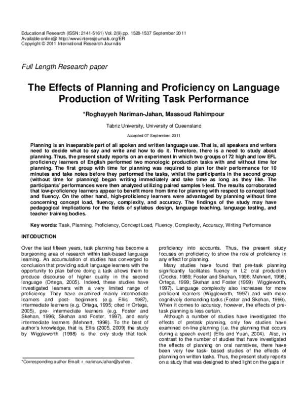 (PDF) The Effects of Planning and Proficiency on Language Production of ...