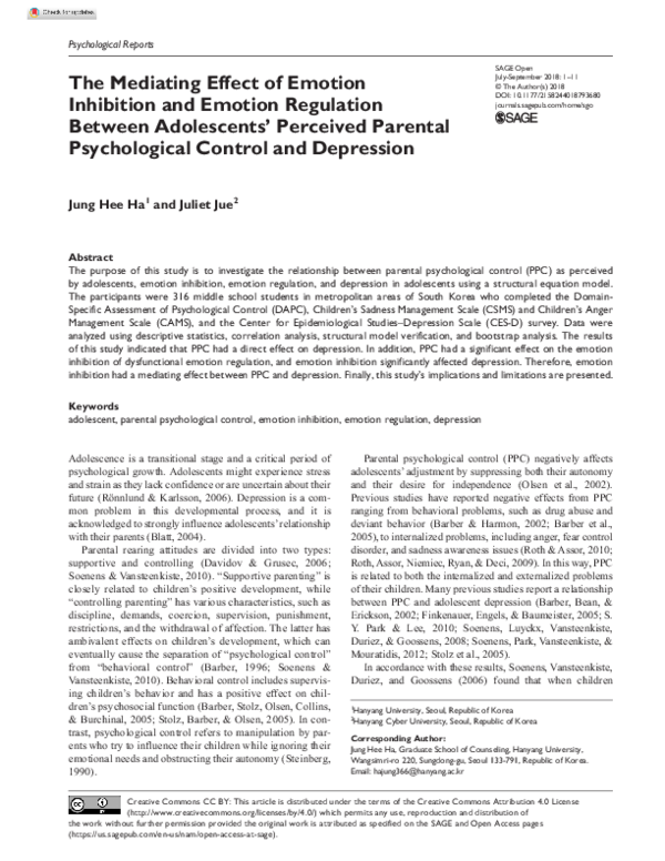(PDF) The Mediating Effect of Emotion Inhibition and Emotion Regulation ...