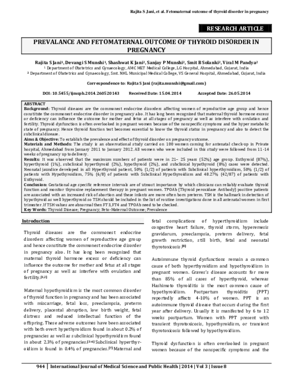 (PDF) Prevalance and fetomaternal outcome of thyroid disorder in pregnanacy