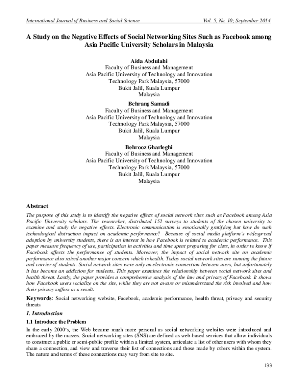 (PDF) A Study on the Negative Effects of Social Networking Sites Such ...