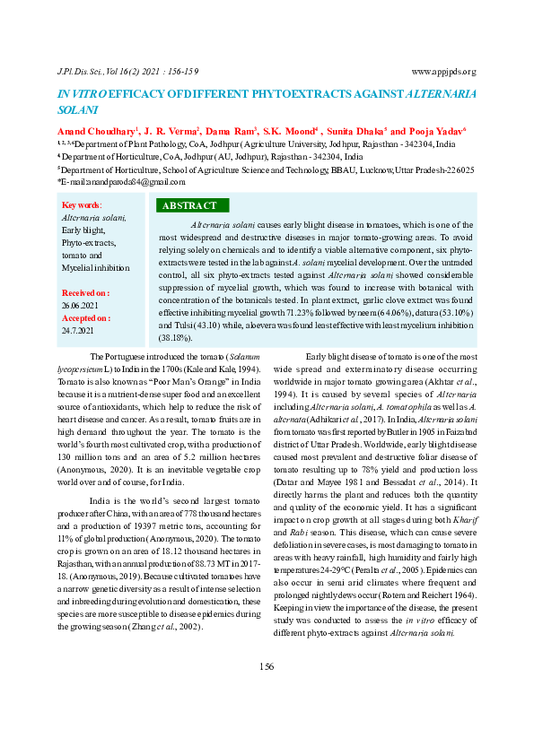 (PDF) IN VITRO EFFICACY OF DIFFERENT PHYTOEXTRACTS AGAINST ALTERNARIA ...