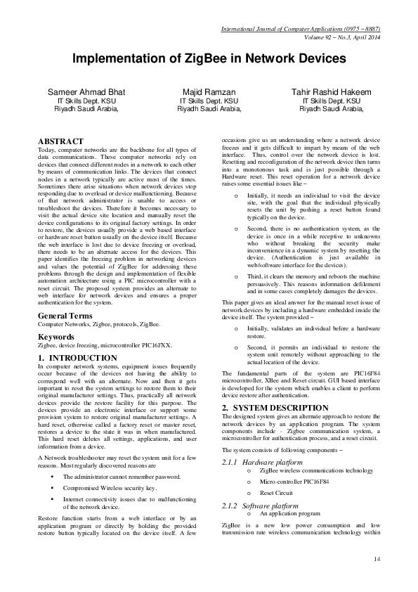 (PDF) Implementation of ZigBee in Network Devices