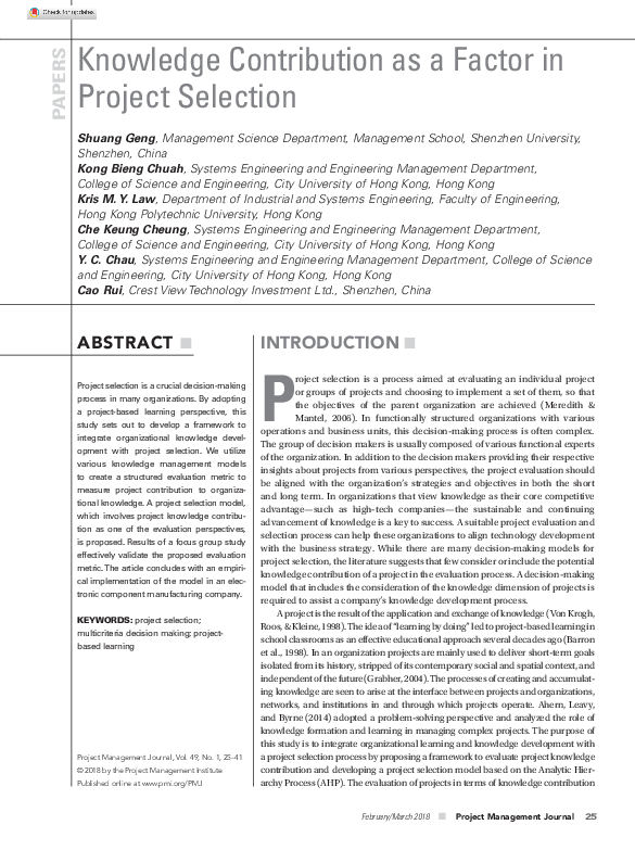 (PDF) Knowledge Contribution as a Factor in Project Selection