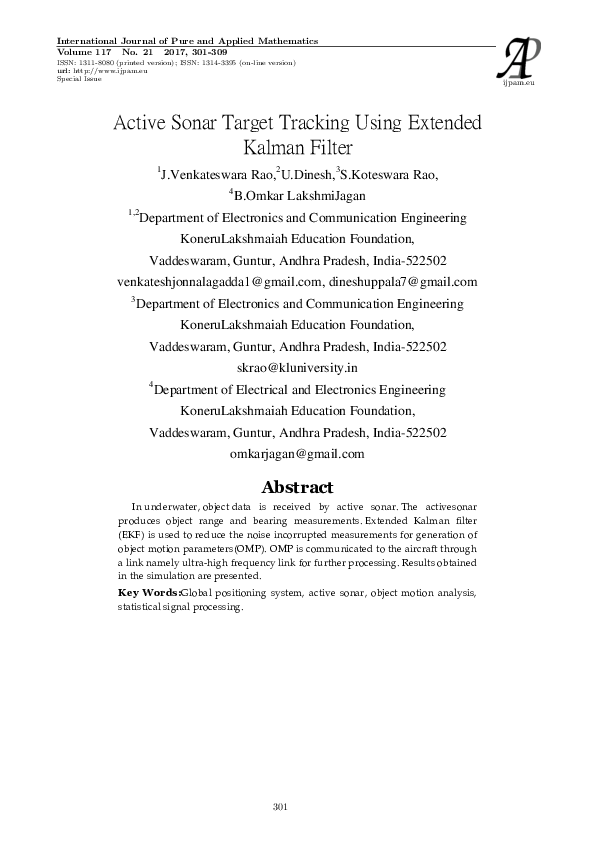 (PDF) Active Sonar Target Tracking Using Extended Kalman Filter