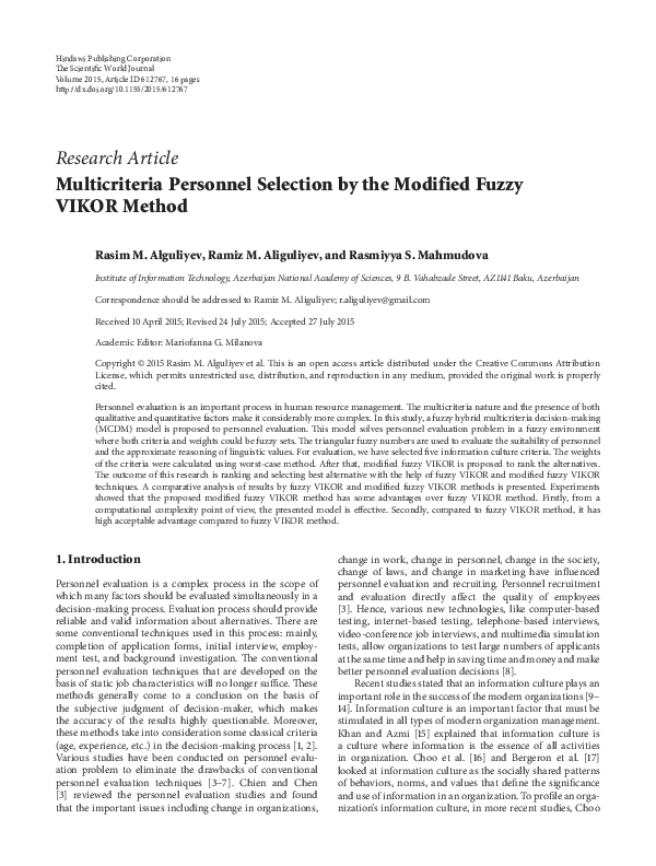 (PDF) Multicriteria Personnel Selection by the Modified Fuzzy VIKOR Method