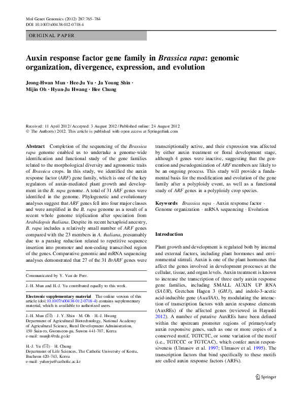 (PDF) ORIGINAL PAPER Auxin response factor gene family in Brassica rapa ...