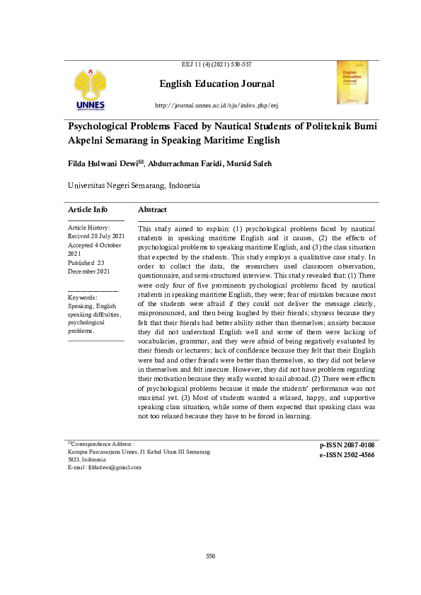 (PDF) Psychological Problems Faced by Nautical Students of Politeknik ...