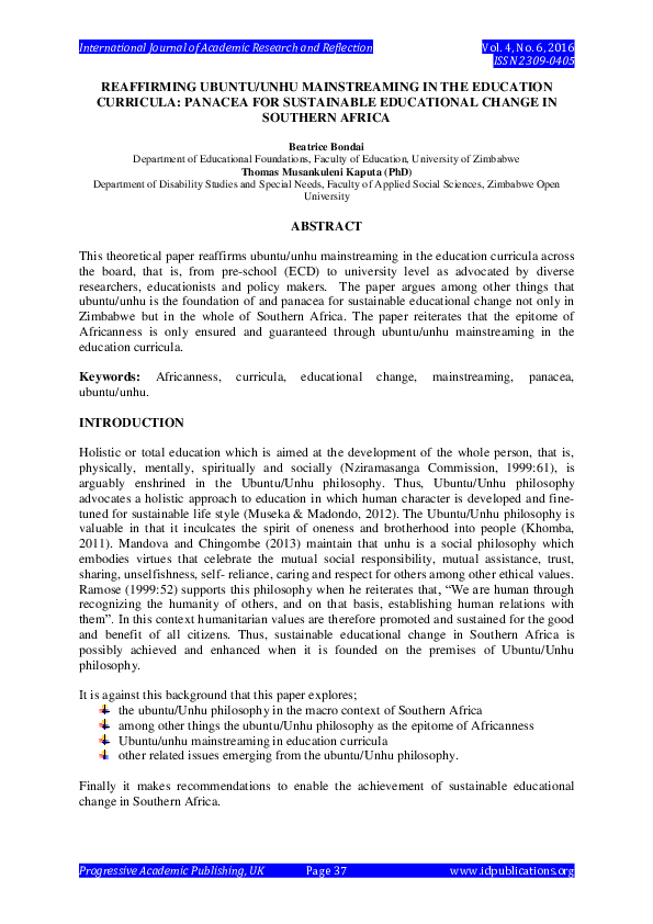 (PDF) Reaffirming Ubuntu / Unhu Mainstreaming in the Education ...