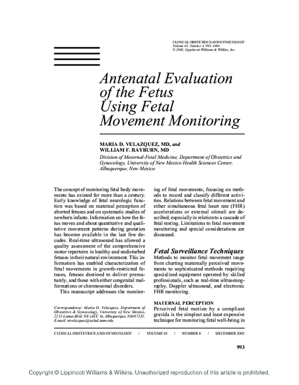 (PDF) Antenatal evaluation of the fetus using fetal movement monitoring MARIA ELIZABETH