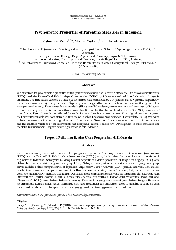 (PDF) Psychometric Properties of Parenting Measures in Indonesia