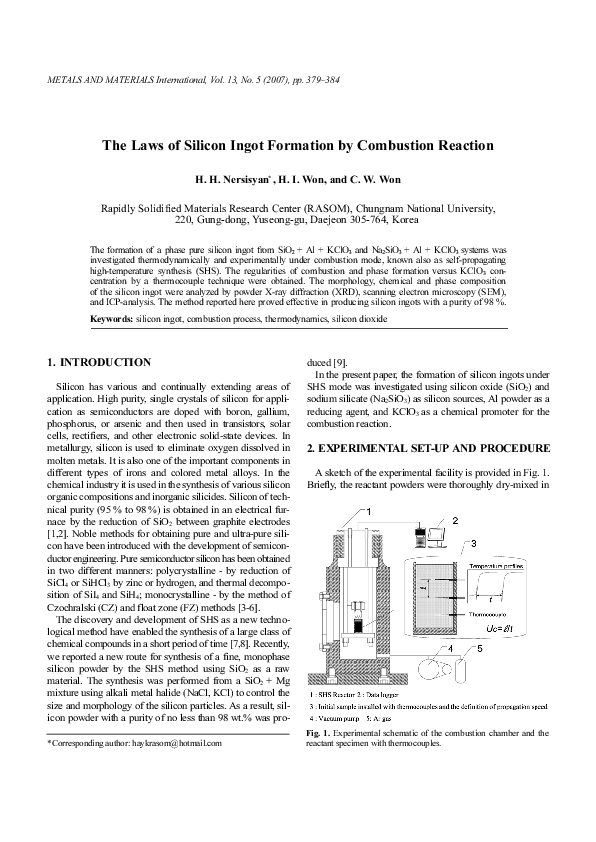 (PDF) The laws of silicon ingot formation by combustion reaction