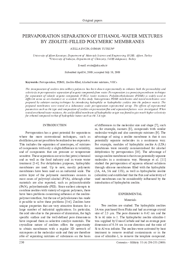 (PDF) Pervaporation Separation of Ethanol-Water Mixtures by Zeolite ...