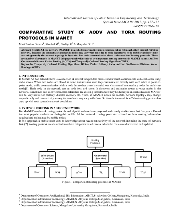 (PDF) Comparative Study of Aodv and Tora Routing Protocols in Manet