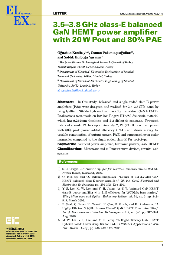 (PDF) 3.5-3.8GHz class-E balanced GaN HEMT power amplifier with 20W ...