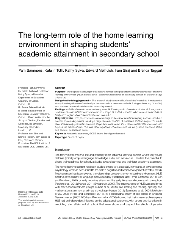 (PDF) The long-term role of the home learning environment in shaping ...