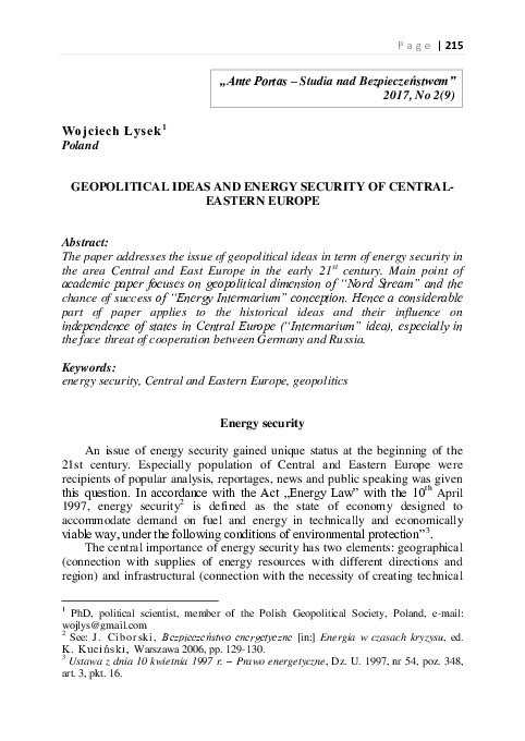 (PDF) Geopolitical Ideas and Energy Security of Centraleastern Europe