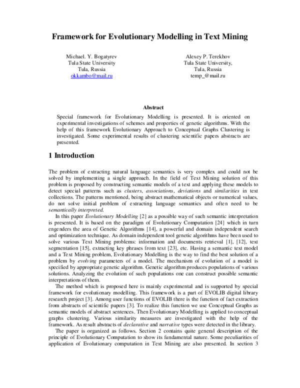 (PDF) Framework for Evolutionary Modeling in Text Mining