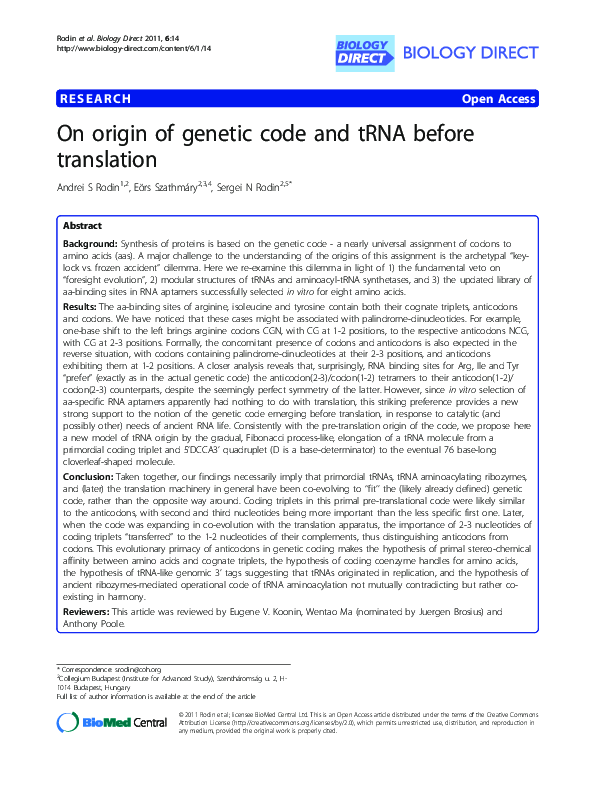 (PDF) On origin of genetic code and tRNA before translation