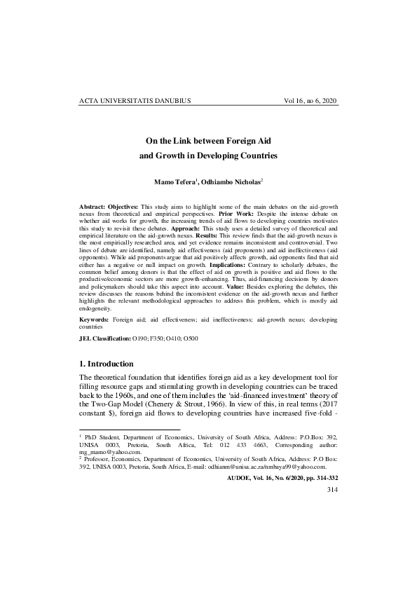 (PDF) On the Link between Foreign Aid and Growth in Developing Countries