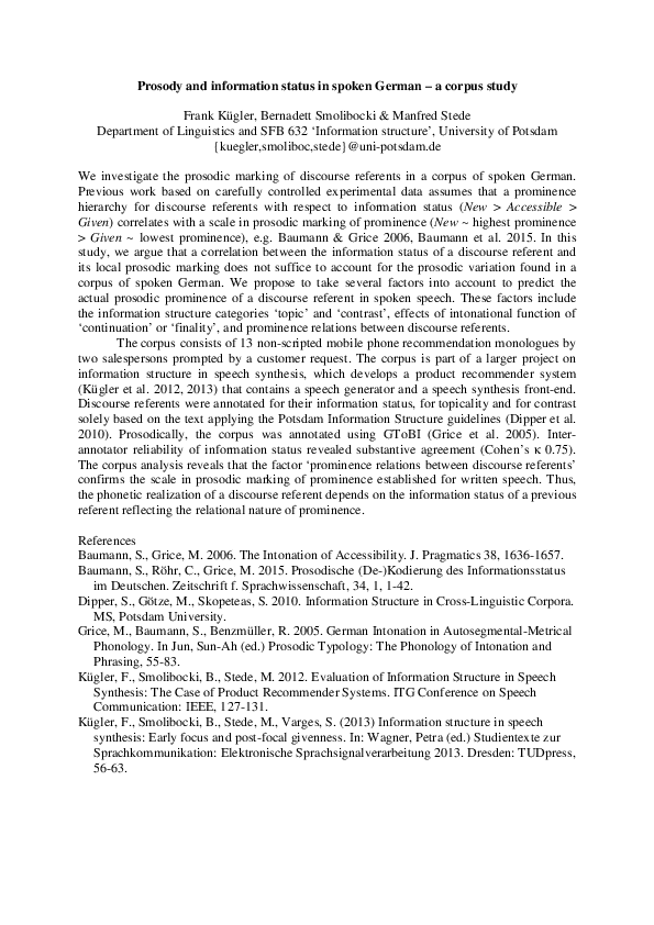 (PDF) Prosody and information status in spoken German – a corpus study
