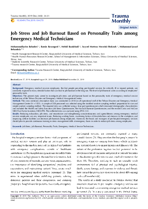(PDF) Job Stress and Job Burnout Based on Personality Traits among ...