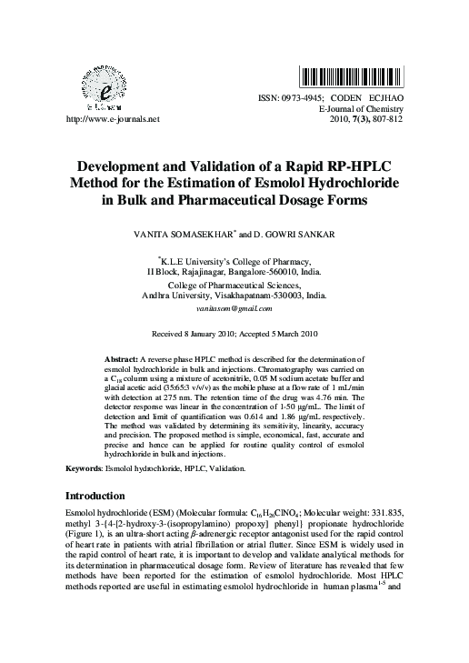 (PDF) Development and Validation of a Rapid RP HPLC Method for the ...