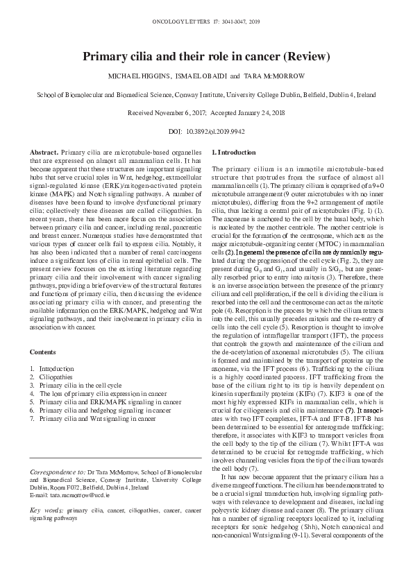 (PDF) Role of Primary Cilia in Cancer Signaling