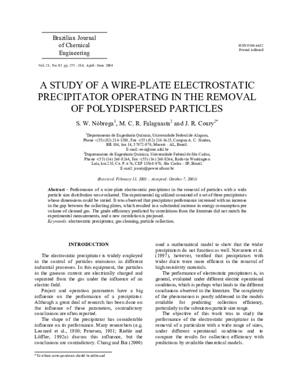 (PDF) A study of a wire-plate eletrostatic precipitator operating in ...