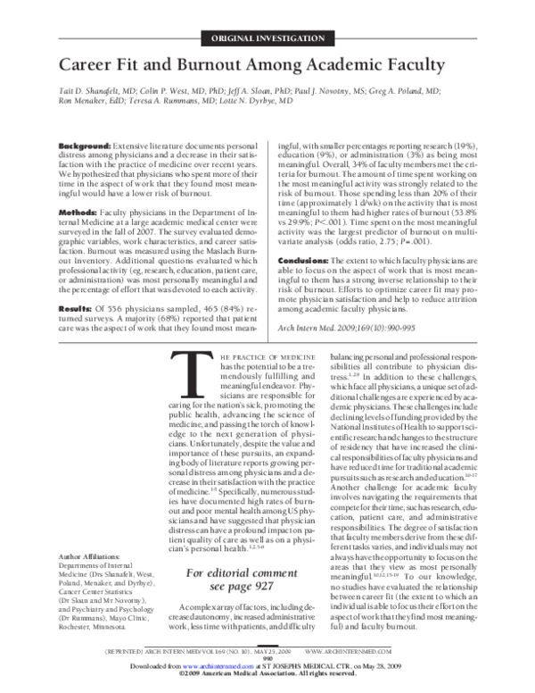 (PDF) Career Fit and Burnout Among Academic Faculty