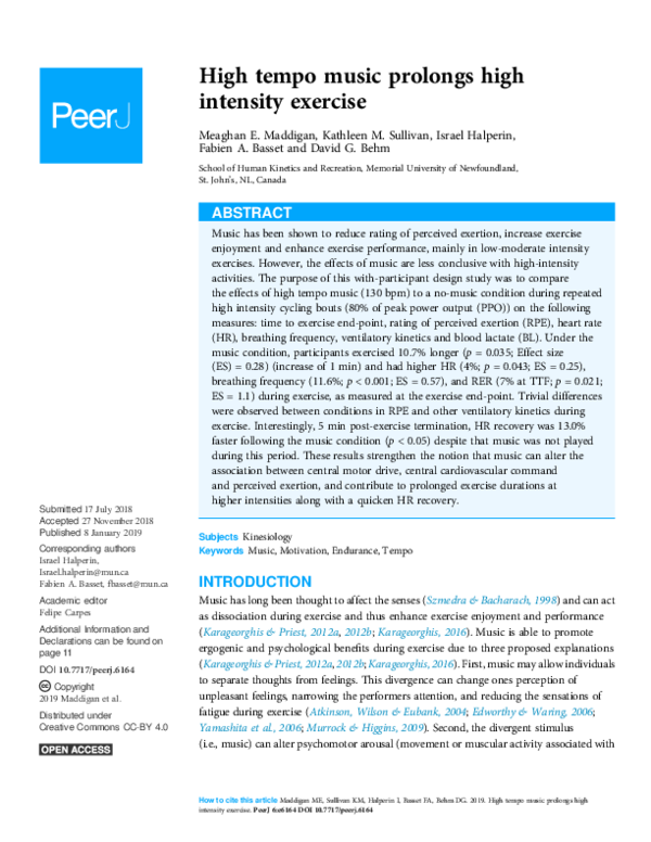 (PDF) High tempo music prolongs high intensity exercise