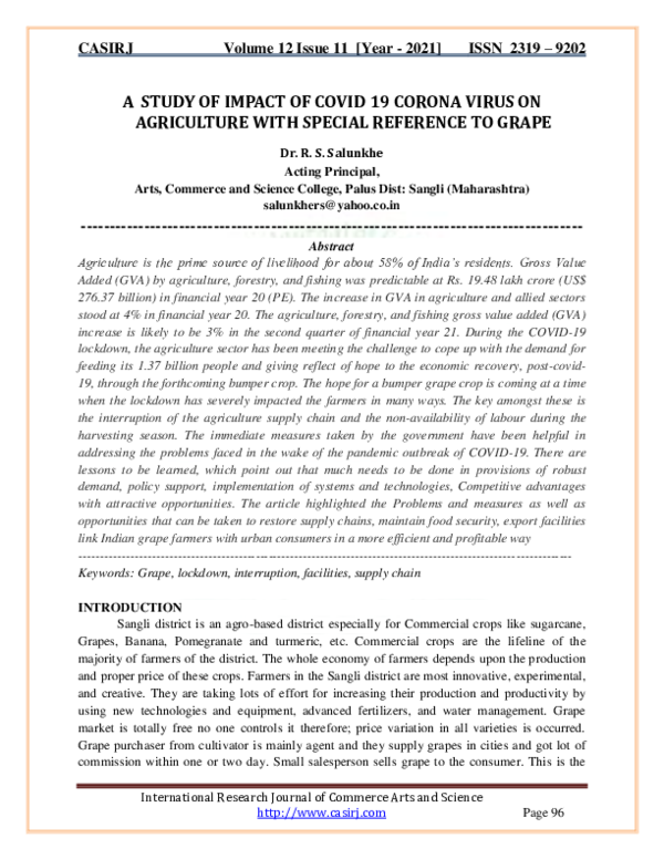 (PDF) A STUDY OF IMPACT OF COVID 19 CORONA VIRUS ON AGRICULTURE WITH ...