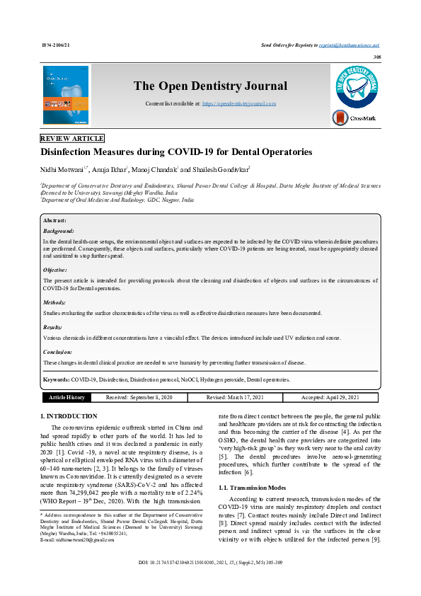 (PDF) Disinfection Measures during COVID-19 for Dental Operatories