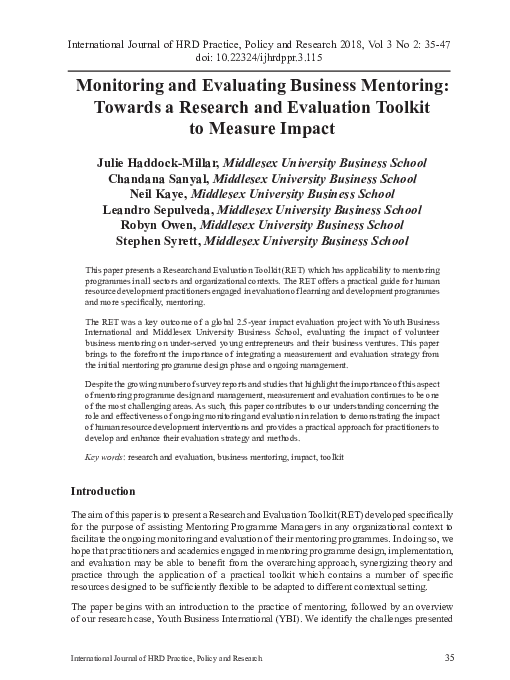 (PDF) Monitoring and evaluating business mentoring: towards a research ...