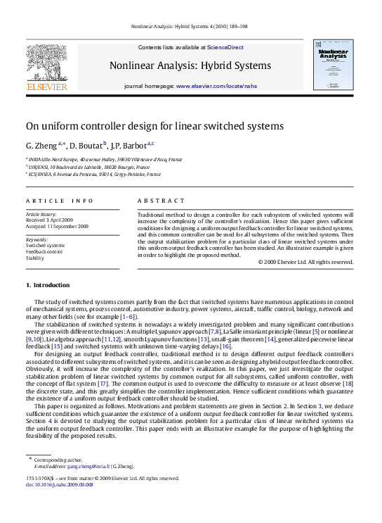 (PDF) On uniform controller design for linear switched systems | J-p ...
