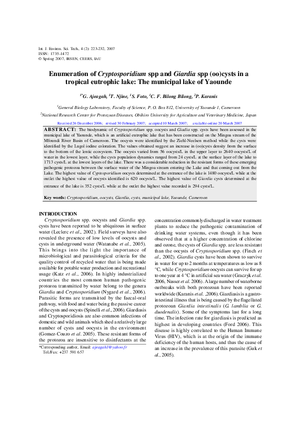 (PDF) Enumeration of Cryptosporidium spp and Giardia spp (oo) cysts in ...