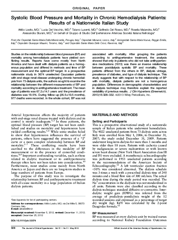 (PDF) Systolic Blood Pressure and Mortality in Chronic Hemodialysis ...