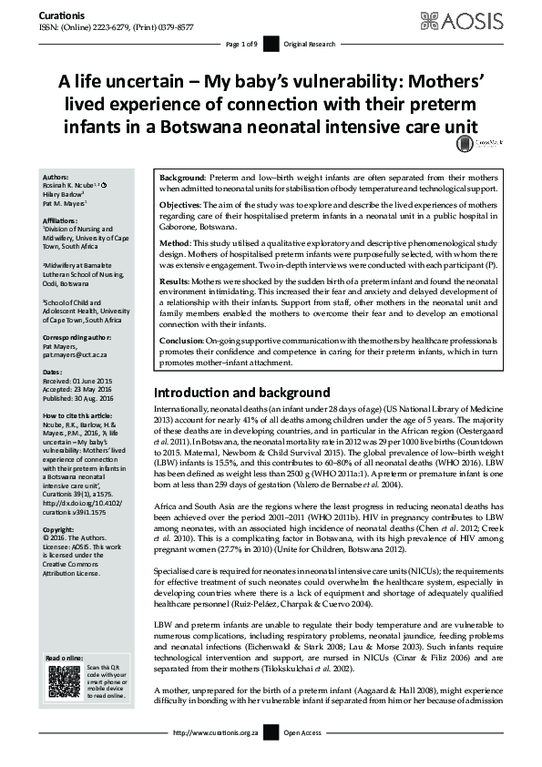 (PDF) A life uncertain – My baby’s vulnerability: Mothers’ lived ...
