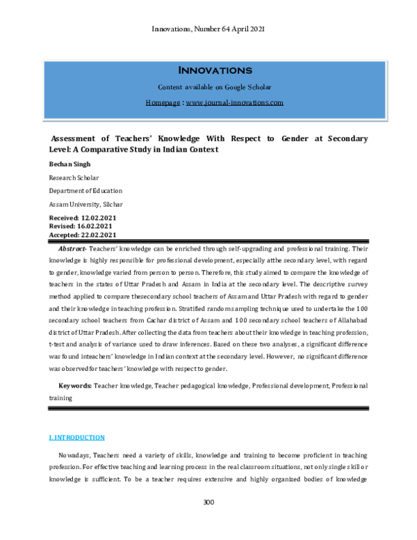 (PDF) Assessment of Teachers’ Knowledge With Respect to Gender at ...