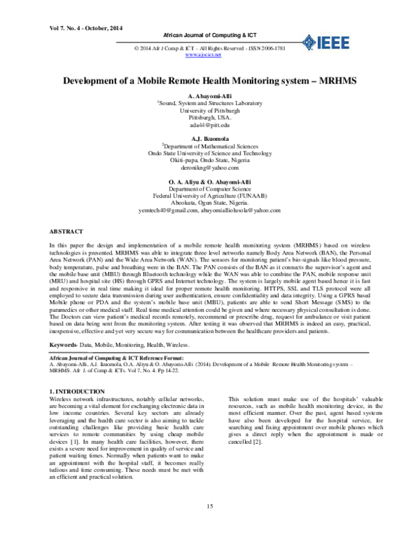 (PDF) Development of a Mobile Remote Health Monitoring system -MRHMS